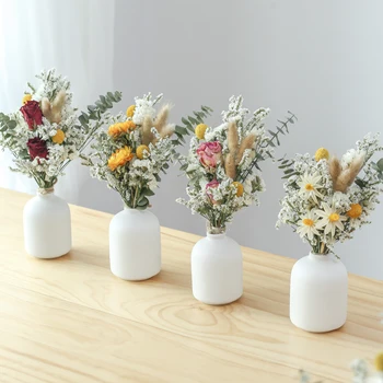1 Set Mini Buchet De Flori Cu Vaza Conservate, Uscate Mixte A Crescut Daisy Babysbreath Casa De Flori Desktop Office Decor De Masă