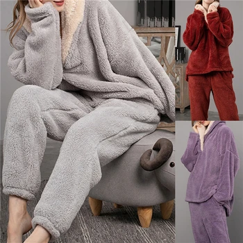 2 buc/set Toamna pentru Femei Pijamale Strat + Pantaloni Culoare Solidă Gros de Plus Lady Serviciu Acasă V Gât pentru Femei Pijamale