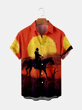 2021 Nou de sex Masculin Cowboy Pictură în Ulei Imprimate Tricou Barbati Maneca Scurta Top de Vara Tricouri Hawaii Guler de Turn-down Shirt
