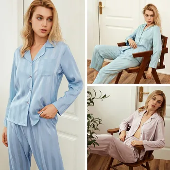 2021 Primavara-Vara Femei Pijama Set Culoare Solidă mâneci Lungi de Mătase, Satin Pijamale Femei Costum Casual Uzura Acasă Doamnelor Sleepwear