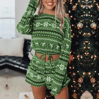 2022 Noi Femeile Crăciun Seturi de Pijama cu Maneci Lungi de Sus a Culturilor pantaloni Scurți 2 buc de Crăciun Fulg de nea Print Knit Toamna Homewear