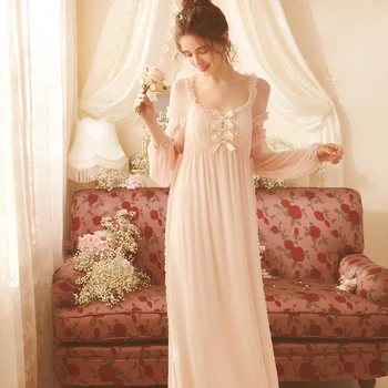 Camasa De Noapte Eleganta Printesa Femeie Dantela Maneca Lunga Noapte Pentru Femei 2 Culori Alb Roz