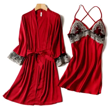 Dantela Mozaic cămășuță de Noapte&Robe Set pentru Femei V-neck 2 BUC Sleepwear Mireasa, domnisoara de Onoare Halat Costum din Satin Matasos Somn Set Îmbrăcăminte Acasă