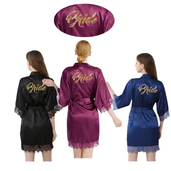 De vânzare cu amănuntul Mireasa Sclipici Auriu pentru Femei din Satin Kimono Robe cămașă de noapte de Dantelă Rochie pentru Petrecerea de Nunta S-XL T97
