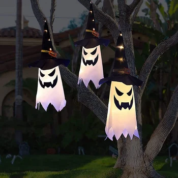 Decoratiuni de Halloween în aer liber Agățat Luminat Stralucitoare Fantomă Palarie Halloween Decor Interior Exterior Ornamente Pentru Curte(3Pcs)