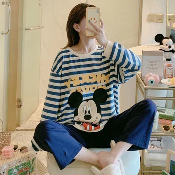 Disney Mickey Mouse Fata Mickey Tipărite Iarna și Toamna cu Dungi Pijama Femei Drăguț Desene animate cu Maneci Lungi Pantaloni Lungi Homewear Set