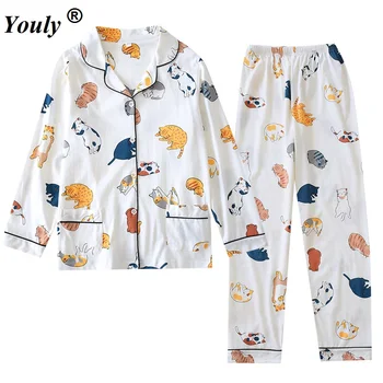 Femei 2 Piese Pijamale din Bumbac Pijama Set 2021 toamna Florale Imprimate Simplu Moale mâneci Lungi Pantaloni de Pijama Homewear Costum