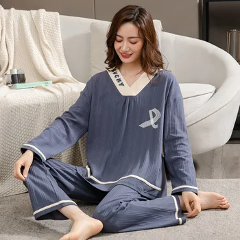 Femei Casual Imprimare 2 BUC Seturi de Pijama Primavara Toamna anului Nou Liber Sleepwear M-3XL Confortul de Acasă Purta V-Neck Top&Pant Bumbac îmbrăcăminte de noapte