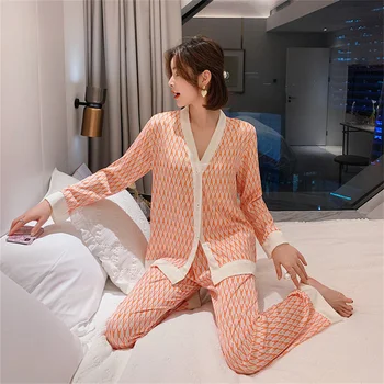 Femei Set de Pijama V-Gât Design de Lux Cruce Scrisoare de Imprimare Pijamale de Mătase Ca Acasă Haine, îmbrăcăminte de noapte