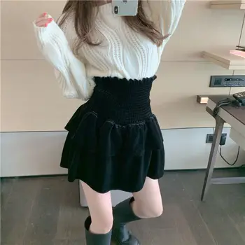 Fuste Femei Negru de Epocă Pleuche Design Toamna Noua Elastic Talie Mare Moda coreeană Mini Faldas Para Mujer Solid All-meci BF