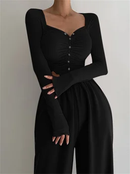 Gotic Sexy Femei Solide De Culoare Tricouri Contracție Design Single-Breasted Decor Pătrat Guler Maneca Lunga Slim Cardigan Topuri Scurte