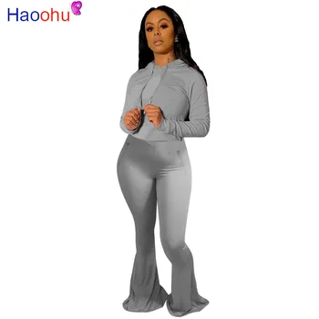 HAOOHU Active Wear pentru Femei Set cu Glugă Topuri Largi Picior Flare Bellbottom Pantaloni Costum de Trening Sport Set de Două Piese de Fitness Tinuta