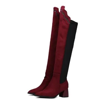 Iarna Nou stil de moda Europa și America de Vârf Pătrat următoarele sexy negru Peste genunchi Cizme picior Subțire Elastic vigoare Cizme pentru Femei