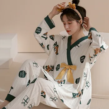 Kimono japonez Stil de Femeie Iarna Cald Pijama cu Maneca Lunga Top cu Pantaloni Set Kimono Desene animate Print Casual Kawaii Homewear Noi