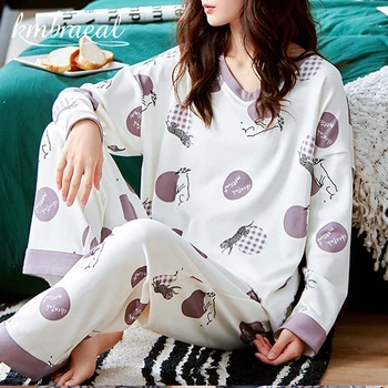 Kmbraeal Toamna de Moda Set Pijama pentru Femei din Bumbac PIJAMA Acasă Satin Avocado Sleepwear Primăvară Caldă de Mătase Kawaii îmbrăcăminte de noapte
