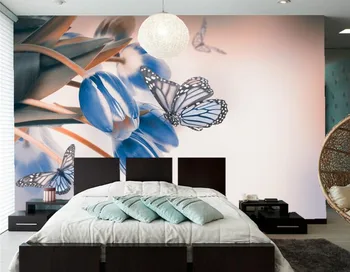 Lalele Fluturi Flori Albastre de Lumină de fundal,restaurant, living cu tv, canapea de perete dormitor pictura murala de perete tapet papel de parede