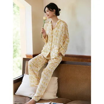 Maison Gabrielle 2021 Toamna Noua Abstract Tipărite Set de Pijama Body Pijamale pentru Femei 2 Pc-uri cu Maneca Lunga de Pijama Satin de Matase