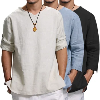Nouă Bărbați V Gâtului Lenjerie de pat din Bumbac Tricouri de sex Masculin Respirabil Culoare Solidă Maneca Lunga Casual Pierde T-Shirt, Blaturi 2022