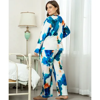 Pijama Seturi Pentru Femei de Vara 4XL Plus Dimensiune Frumos Print Faux Matase cu Maneca Lunga, Pijamale Moi Pijamale Toamna haine de casă