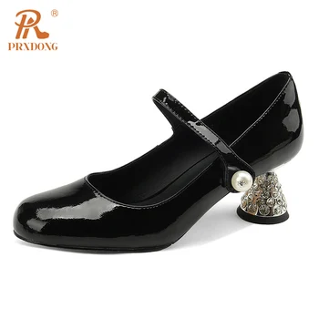 PRXDONG Pantofi pentru Femei 2023 Clasice Genuine Piele toc Rotund Deget de la picior Negru Rosu Dulce Petrecere de Nunta Mary Janes Pompe