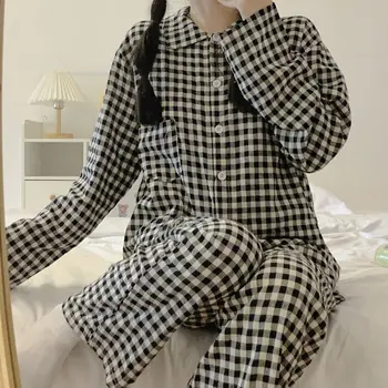 QWEEK Pijama pentru Femei Japoneze Scurtă Set 2 Piese Roomwear Toamna Pijamas Negru Sleepwear Maneca Lunga, Pijamale, haine de casă