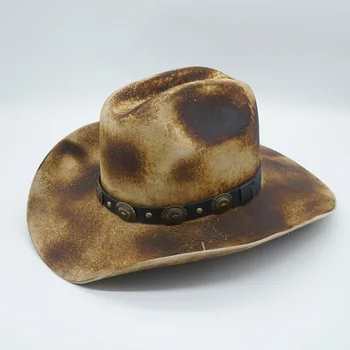 Retro Iarna Outback Pălărie De Cowboy Tie Dye Dificultate Ars Stil De Lână, Pălării De Bărbați, Femei Rigid Refuz Banda De Piele De Soare, Pălărie Panama