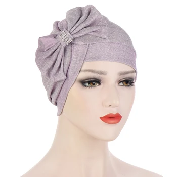 Sclipici Multicolor Bowknot Moda Turban Pălărie Cruce Frunte Funda Mare Diamant Împânzit Turbane Pentru Femei Headwrap Musulman 2021 Noi