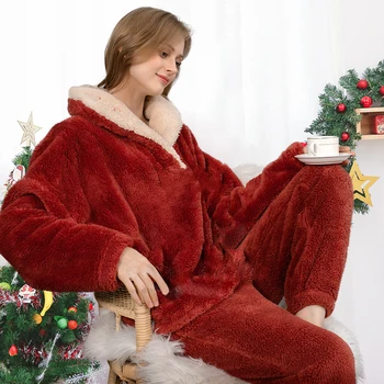 Tulin Moda Flanel Iarna Pijama Set De Îngroșare 2 Bucati Femei Casual Pijamale Largi Cald Homewear Coral Fleece Îmbrăcăminte De Noapte