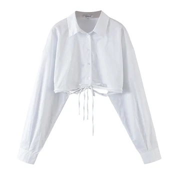 Vara tricou trunchiate de cauzalitate femei topuri si bluze sexy cu maneci lungi tricou femei, tricou alb cu guler buton-up bandaj de sus