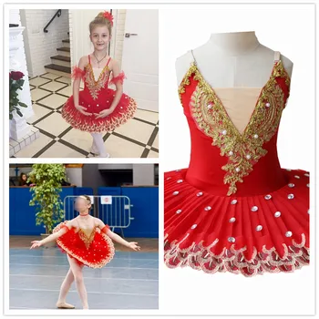 Vestido de Balet profesional para niña, tutú para niña, disfraz del lago del cisne, Traje de Balet rojo para niña, Ropa de