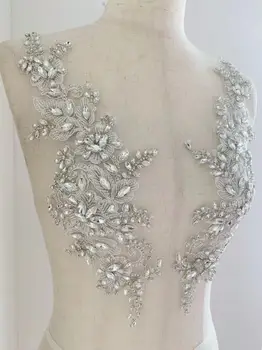 1 Pereche de Argint Stras Floare franceză Șirag de mărgele Aplicatiile de Cristal Patch pentru Spumante Rochie de Bal,Haute Couture,Accesorii de Mireasa