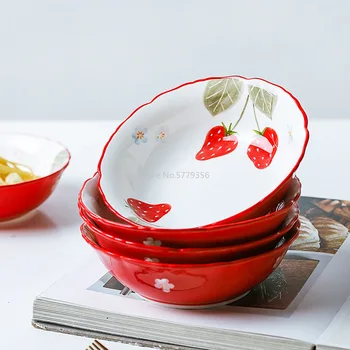 1 Roșu Căpșună Castron se Scufunda Ceramice Castron Salata de Orez Supa de uz Casnic Tacamuri 6-inch Frumoase și Practice Castron
