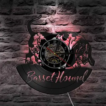 Basset Hound Dog Rase Decorative de Perete de Vinil Înregistrare Ceas de Perete Cadou de casă nouă pentru Iubitor de Câine Cățeluș Cățeluș de Companie Lumina de Noapte