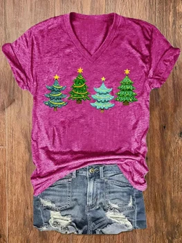 Femei Merry Christmas Tree V-Neck T-shirt