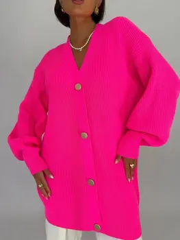 Knit Cardigan pentru Femei Haine de Iarnă 2022 Roz Pulover Lung Cardigan Jacheta Palton Supradimensionat Y2K Knitwears Gros cu Maneca Lunga Top